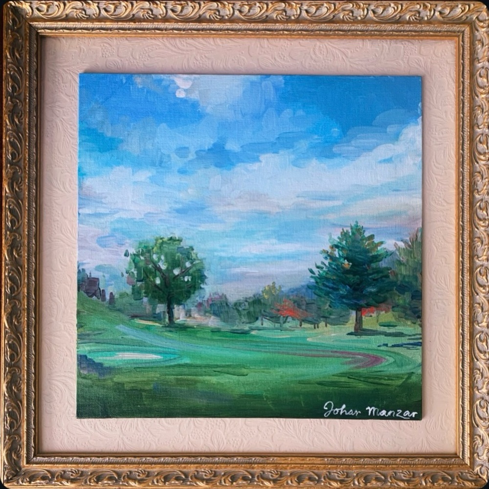 Original OOAK Outdoor Nature Landscape Painting Green Blue Ornate Gold Frame